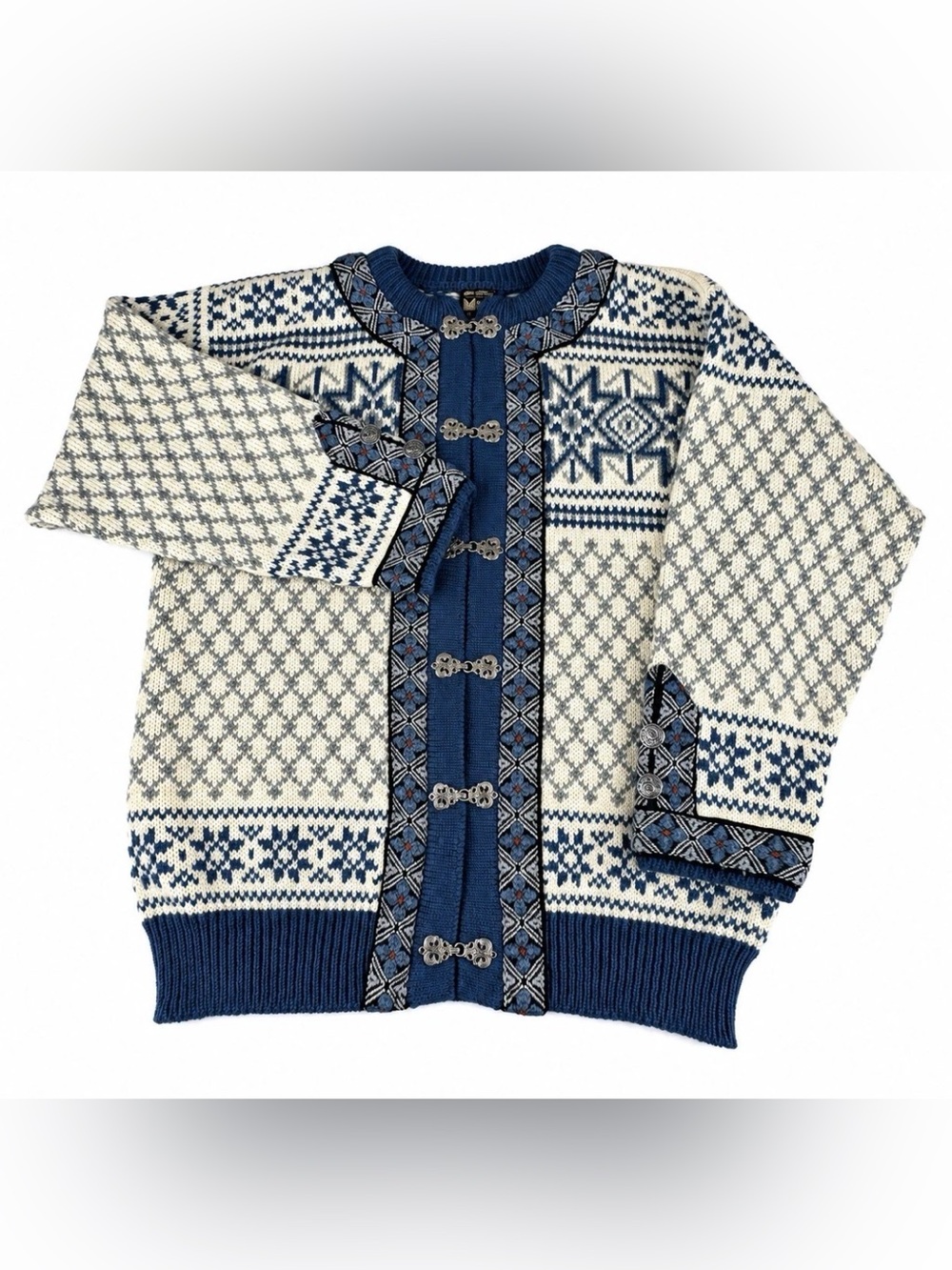 Vintage Dale of Norway Wool Cardigan Womens M Blue Fair Isle Nordic Pewter Clasp